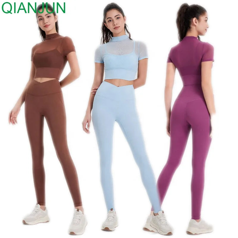 New Women Quick Dry Mesh Top High Waist Yoga Leggings Pants Workout Women Fitness Wear Yoga Set