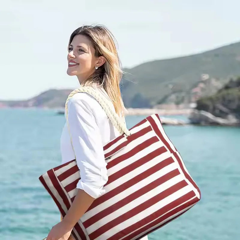 Strong Quality Striped Beach Tote Canvas  Bag Large Capacity Holiday Bag With a Zipper and Rope Handles for Women