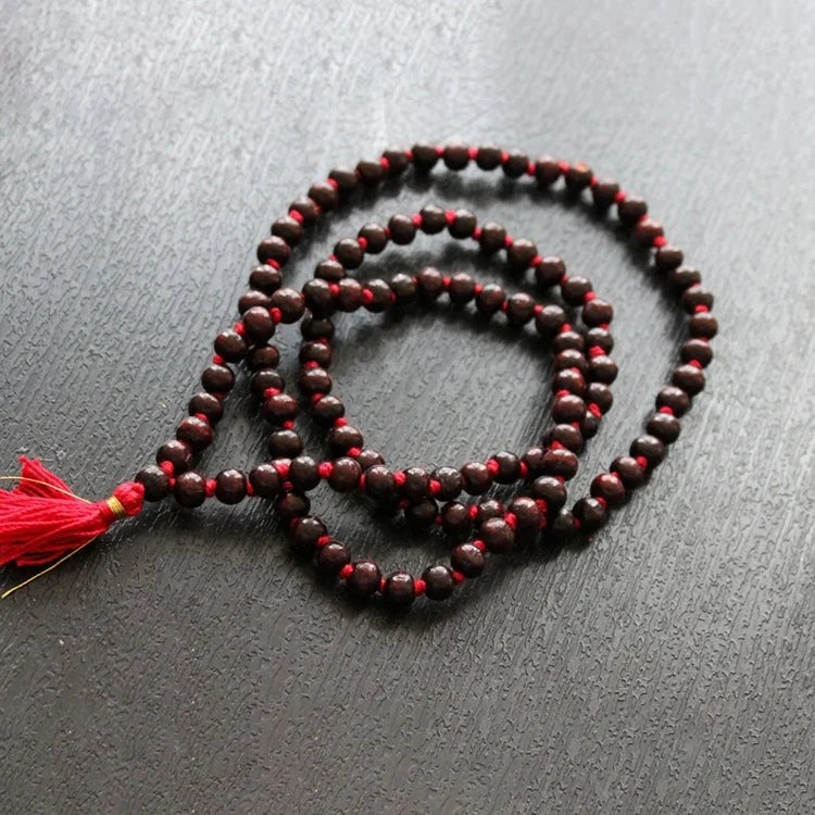 Handmade Natural Wood Bead Necklace 108 Mala Knotted Tassel Necklace