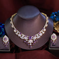 Luxury Purple and White Cubic Zirconia  Big Necklace Earrings Italian Dubai 18k Gold Plated Bridal Jewelry Set for Women Wedding