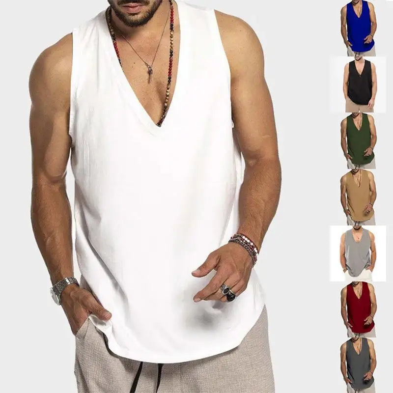 Summer Men's Fitness V Neck Sleeveless Tank Top Solid Color Men Tank Top