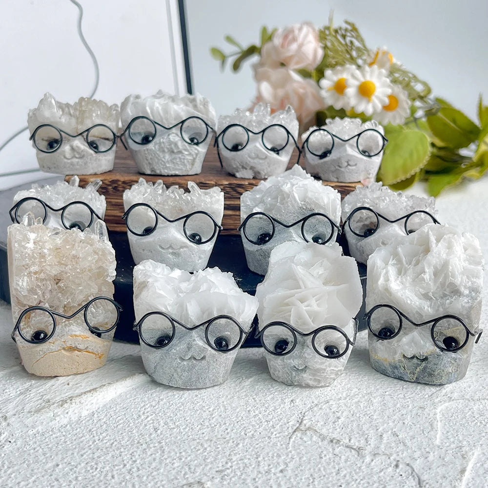 Wholesale Handcarved Clear Quartz Cluster Hedgehog Carvings Engraved Crystal Crafts with Glasses for Healing Tabletop Decor Gift