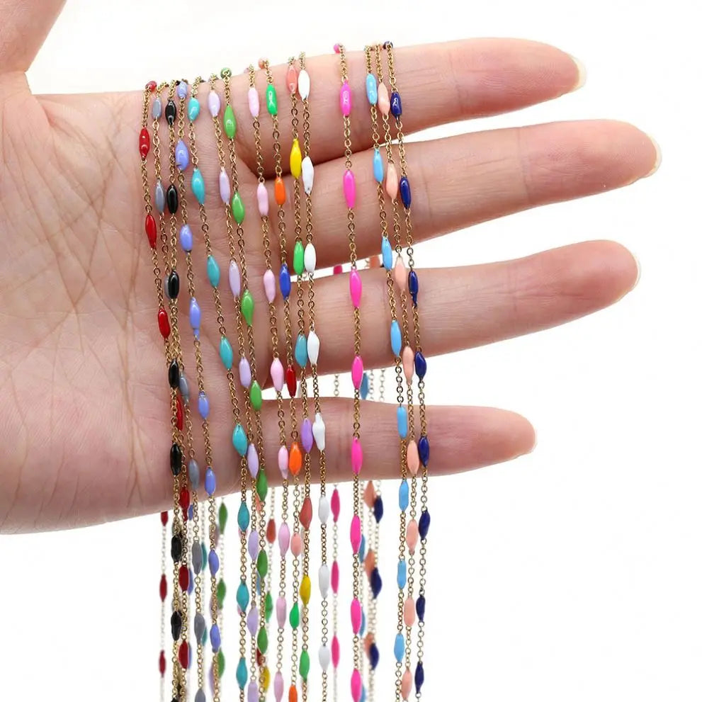 Jewelry Findings Accessories Silver Gold Stainless Steel Chain With Colorful 3*8mm 4*4mm Enamel Oil Beads for DIY Jewelry Making