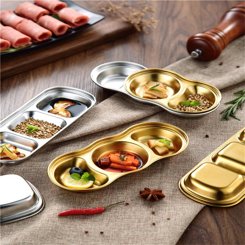 Wholesale 3-Compartment Stainless Steel Sauce Dish Divided Dipping Bowl for Korean BBQ Sushi & Hot Pot