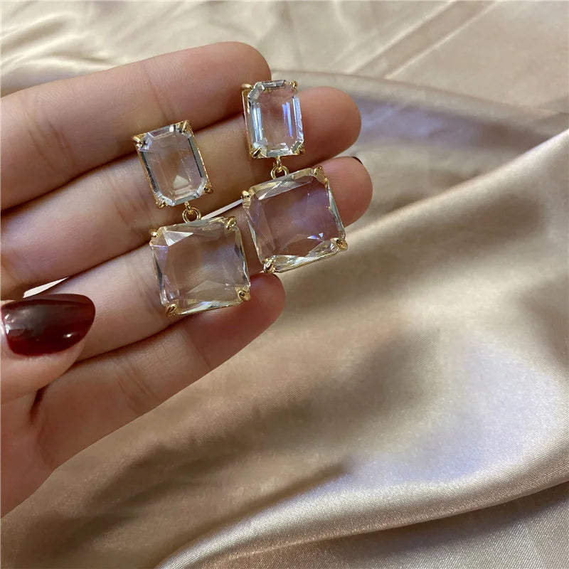 Hotsale Silver Needle Double Square Crystal Transparent Earring Geometric Clear Resin Drop Earring for Women