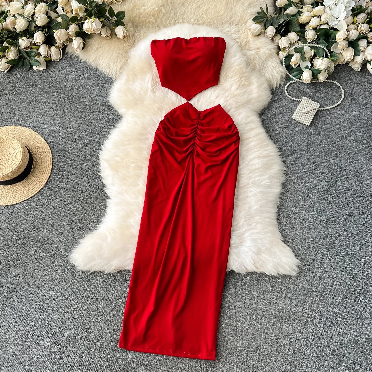 Set of Women's Summer Light Mature Style Pleated Waist Denim Top+high Waist Slimming Skirt