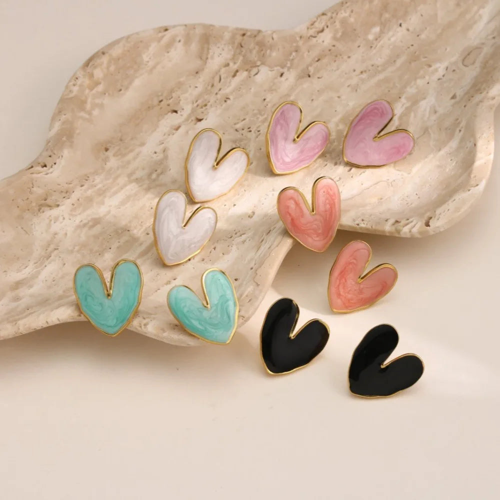 Trendy Women's 18K Gold Plated Stainless Steel Stud Earrings Glossy Color Enamel Heart Oil Drop Design Main Wholesale Jewelry