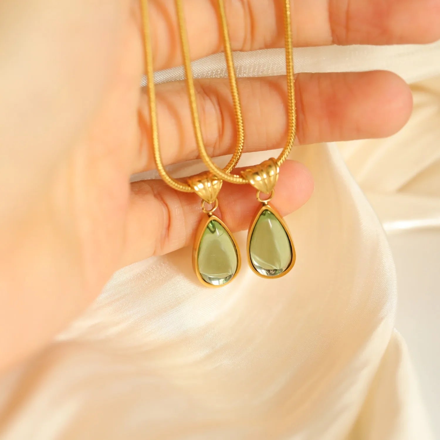 Water Drop Blue Ocean Glass Pendant Necklace Collarbone Chain Round Snake Stainless Steel PVD Plating Jewelry