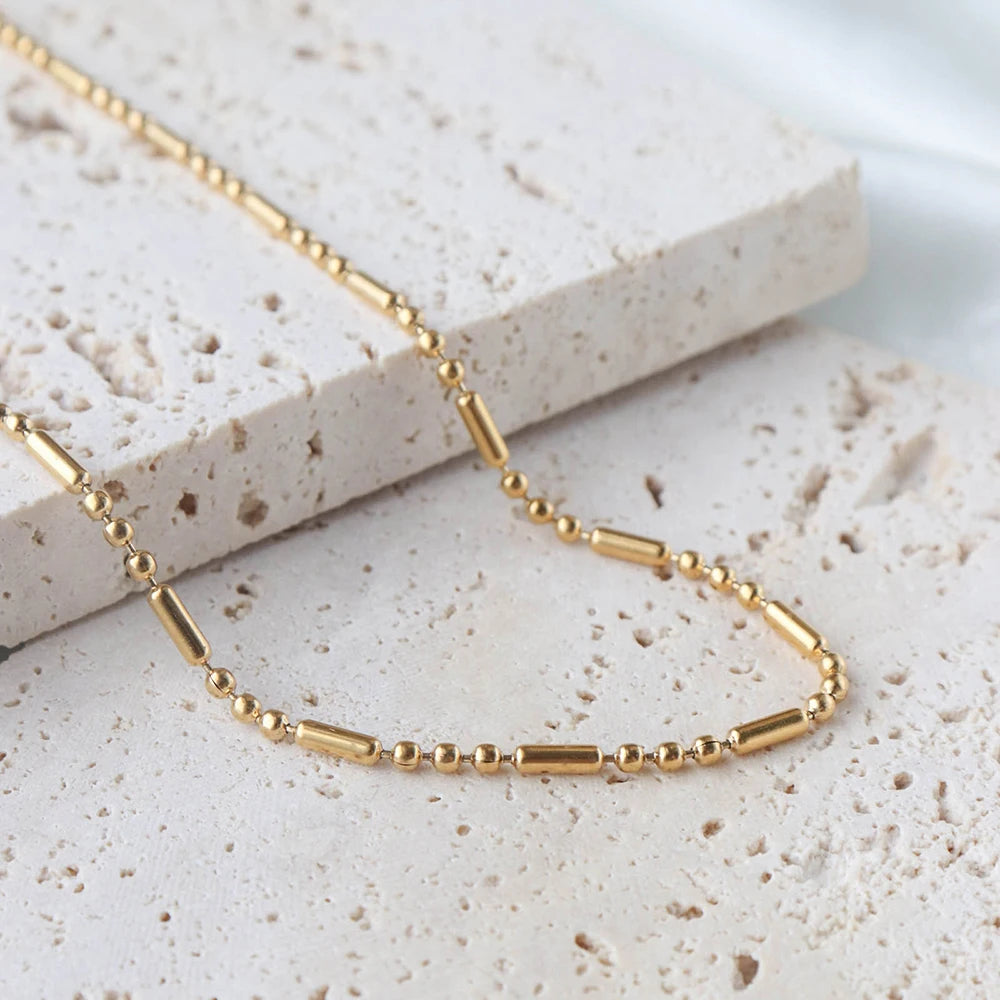 Chris April Waterproof Fashion Jewelry PVD Gold Plated 316L Stainless Steel Minimalist bar and Beads Chain Necklace