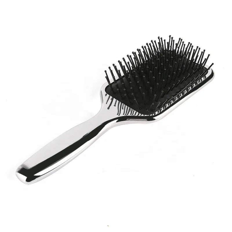 Professional Private Label Low Cost Silver Electroplating Hair Brush Cushion Detangling Plastic Hair Brush