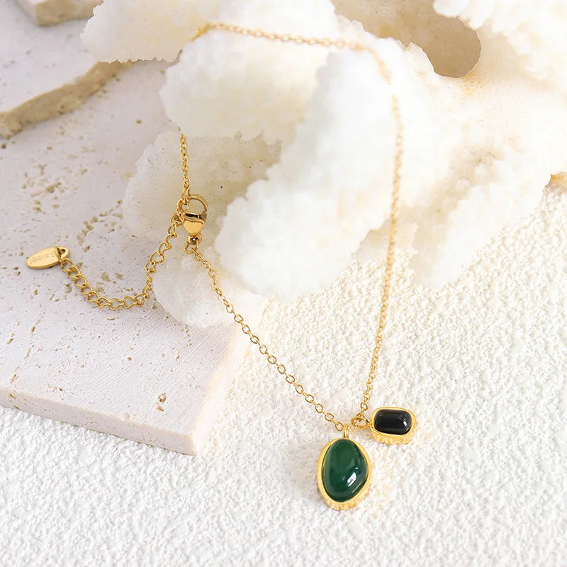 Fashion Green Black Agate Stone Pendant Anklet Women's Stainless Steel 18K Gold Plated Non Fade Anklet Accesorios Para Mujeres