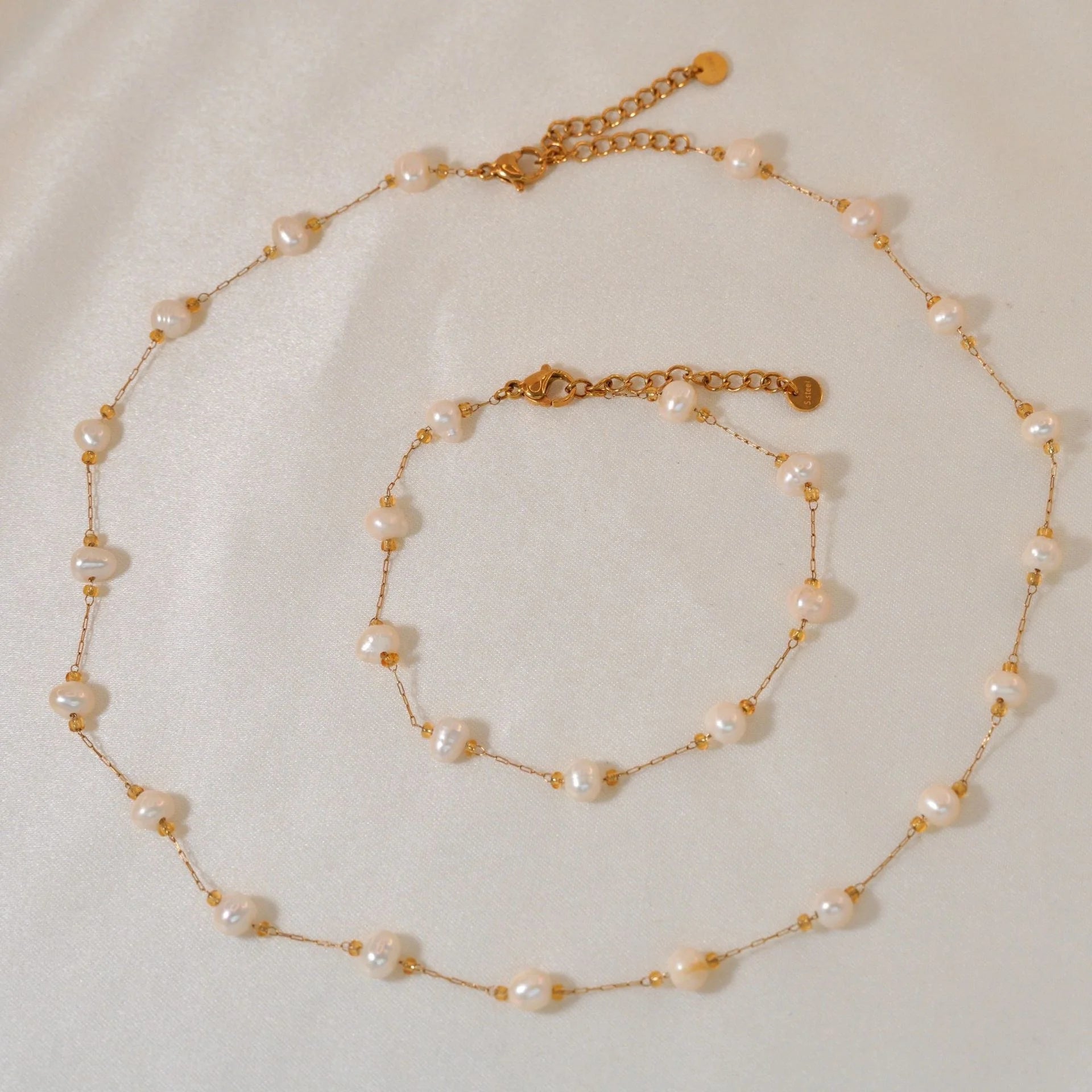 Tarnish Free 18K Gold Stainless Steel Chain Natural Fresh Water Pearl Beads Necklace & Bracelet Pearl Jewelry Set