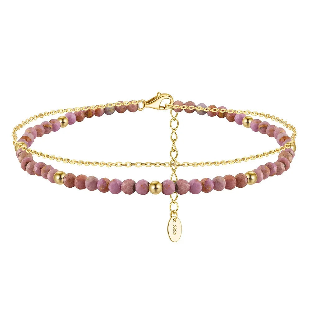 ACME 925 Silver Gold Plated Layered Anklet Dainty Cable Chain Link Natural Pink Tourmaline  Purple Chain Bracelet for Girl Party