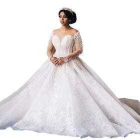 2023 New Pretty Lace Wedding Dress Luxury Pearl Wedding Dress Elegant Long Sleeve Sequin Wedding Dress