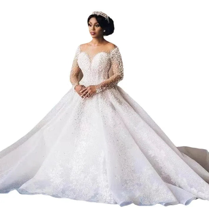 2023 New Pretty Lace Wedding Dress Luxury Pearl Wedding Dress Elegant Long Sleeve Sequin Wedding Dress