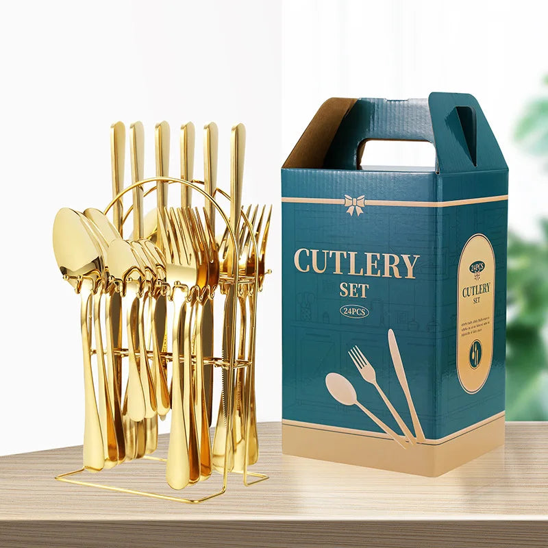 Top Seller Durable Fine Polishing 24-Piece Gold Plated Kitchen Tableware Cutlery Flatware Sets