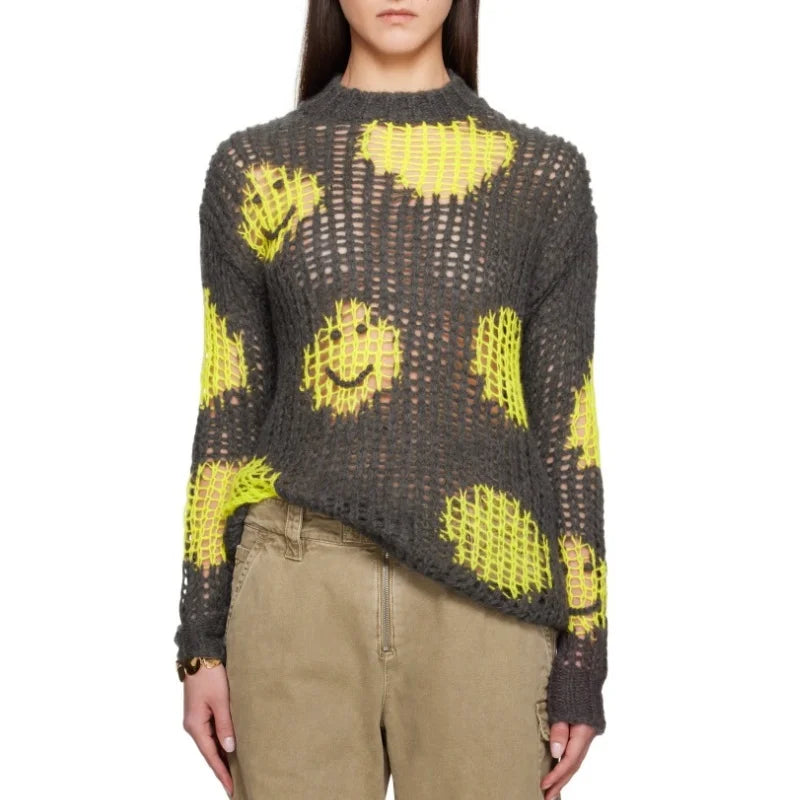 Casual Gray Yellow Embroidered Mohair Sweater Spring Summer Flesh-Covering T-Shirt Intarsia Jacquard Pattern Dropped Shoulders