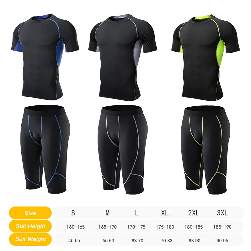Men Compression Shirt Short Sleeve Quick Dry T-Shirt Baselayer Top and Compression Pants Set