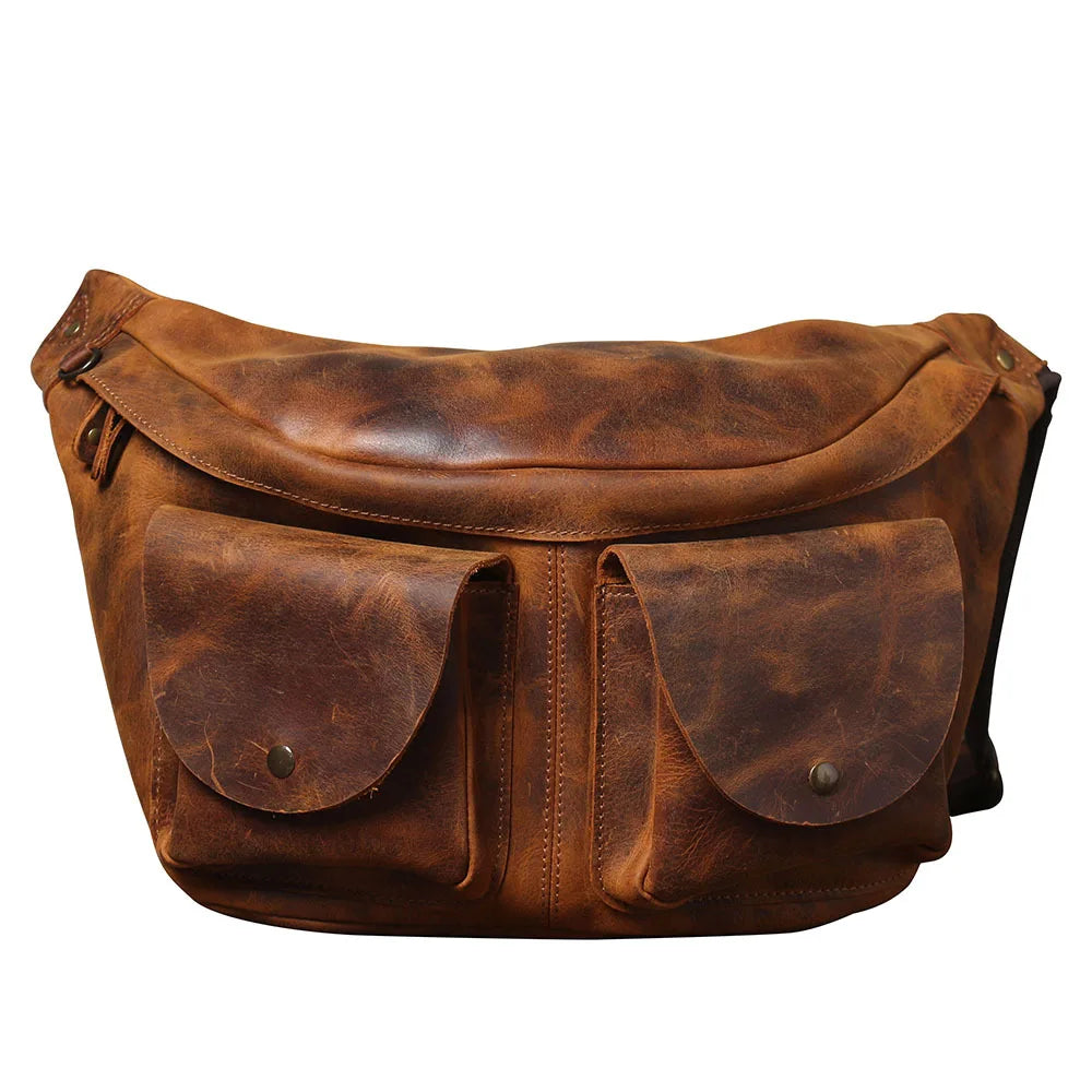 Top Layer Leather Large Leisure Luxury Bum Bag Fanny Pack Sling Shoulder Strap Chest Backpack