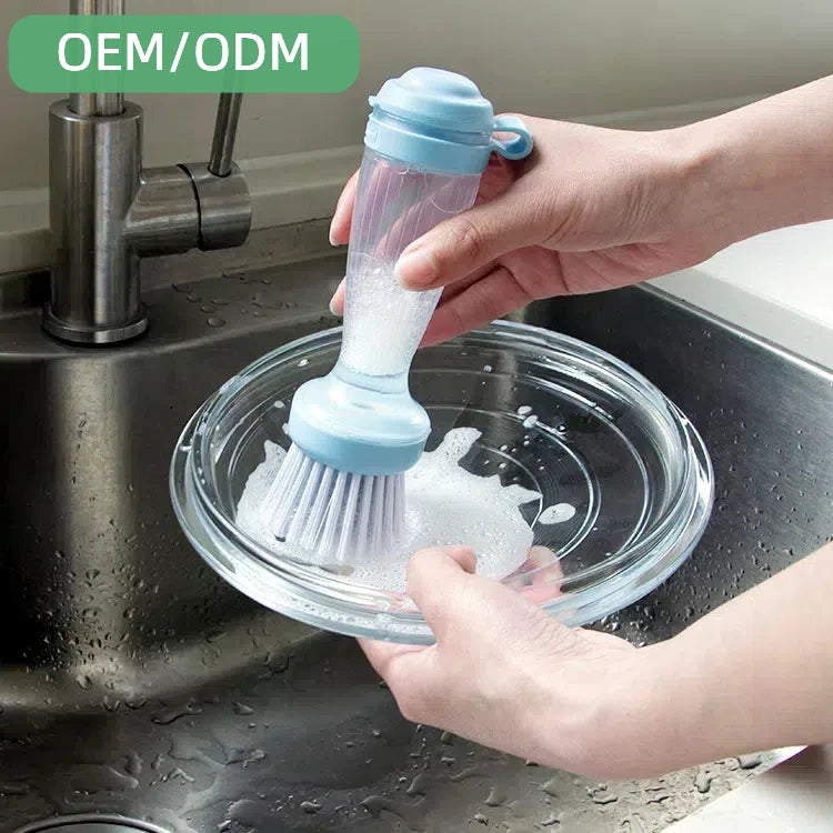 Hot Selling Plastic Foam Handle Style Cleaning Brush Replaceable Heads Kitchen Pressing Soap Dispensing Dishwashing Pots Dishes