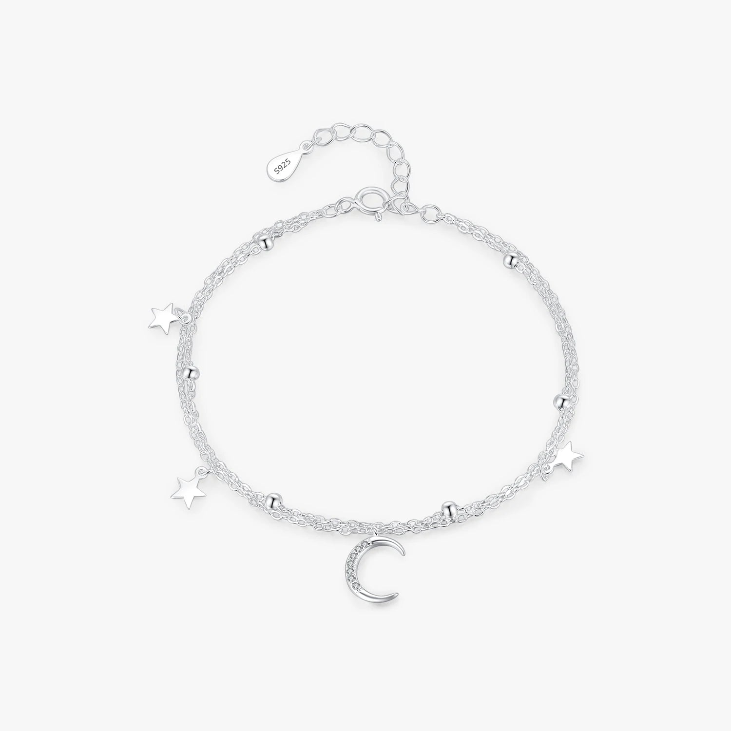 Trendy Double Layer Link Chain Fine Jewelry 925 Sterling Silver Zircon Bead Classic Moon and Stars Party Bracelets for Women