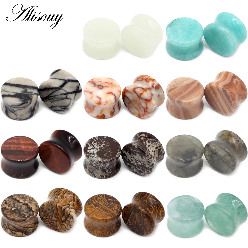 Alisouy Wholesale Natural Stone Ear Expanders Ear Plugs Flesh Tunnels Gauges 6mm-16mm Ear Stretchers Body Piercing Jewelry