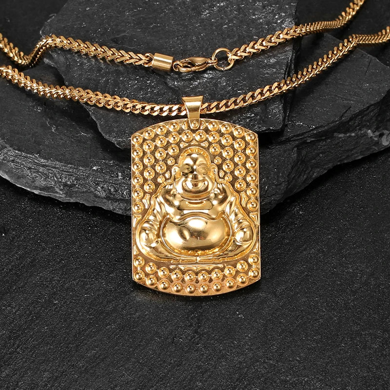 Customized Good PVD 18K Gold Plated Vintage Maitreya Buddha 316 Stainless Steel Pendant Necklace Gift for Men Faith Prayer