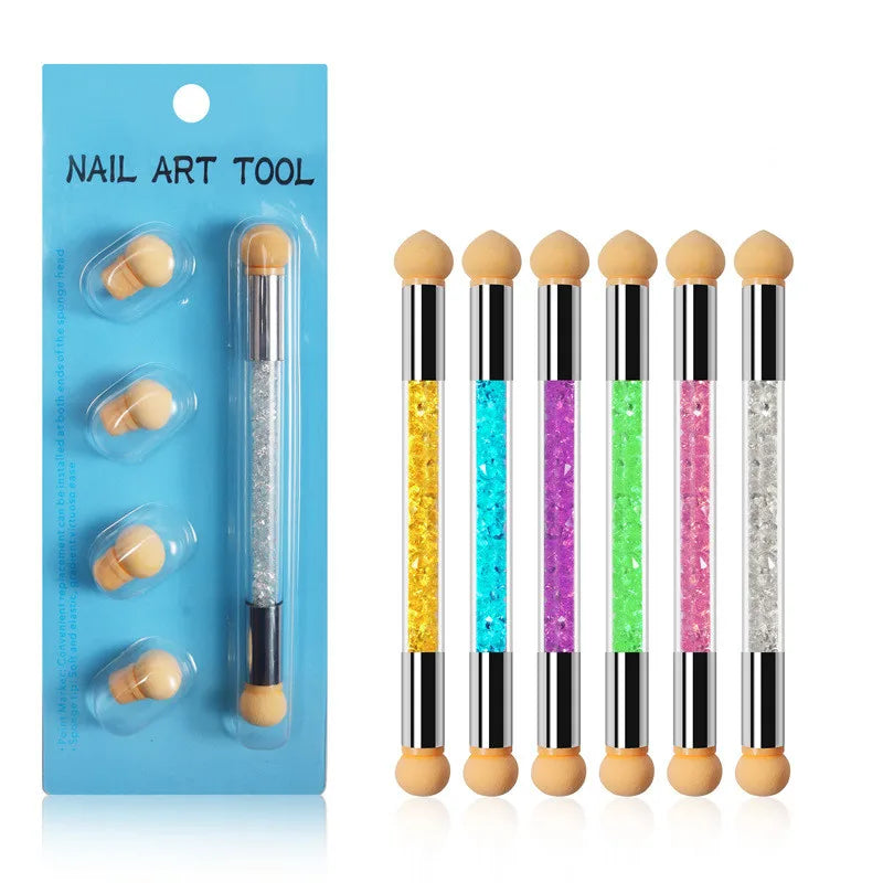 NEW Nail Art Tools Two Way 3d Nail Sponge Brush with 4 Replaceable Sponge Heads Nail Brush Set