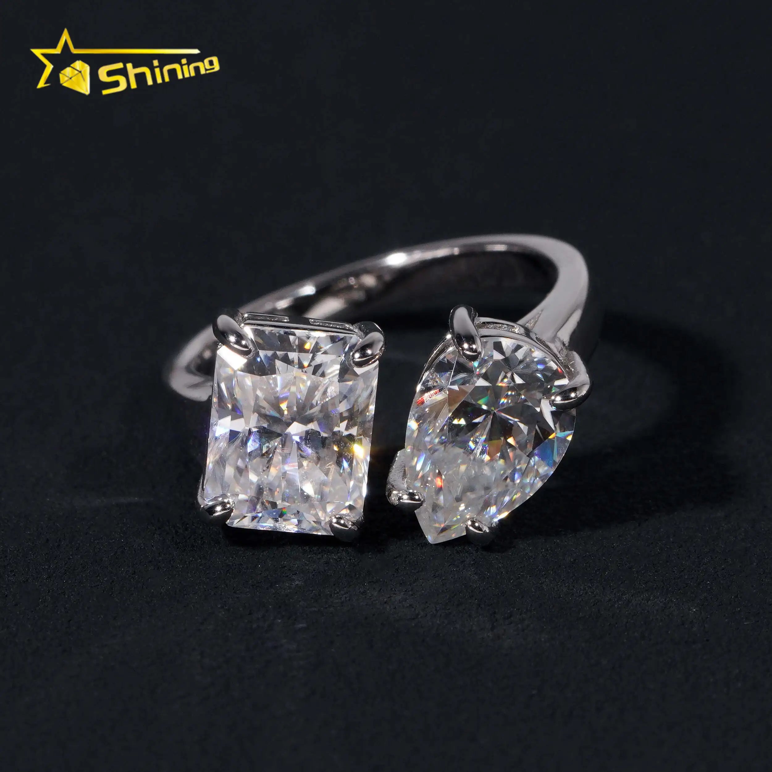 Iced Out Fashion Jewelry Diamond Engagement Wedding Ring 925 Solid Silver D VVS Radiant & Pear Cut Moissanite Ring for Women