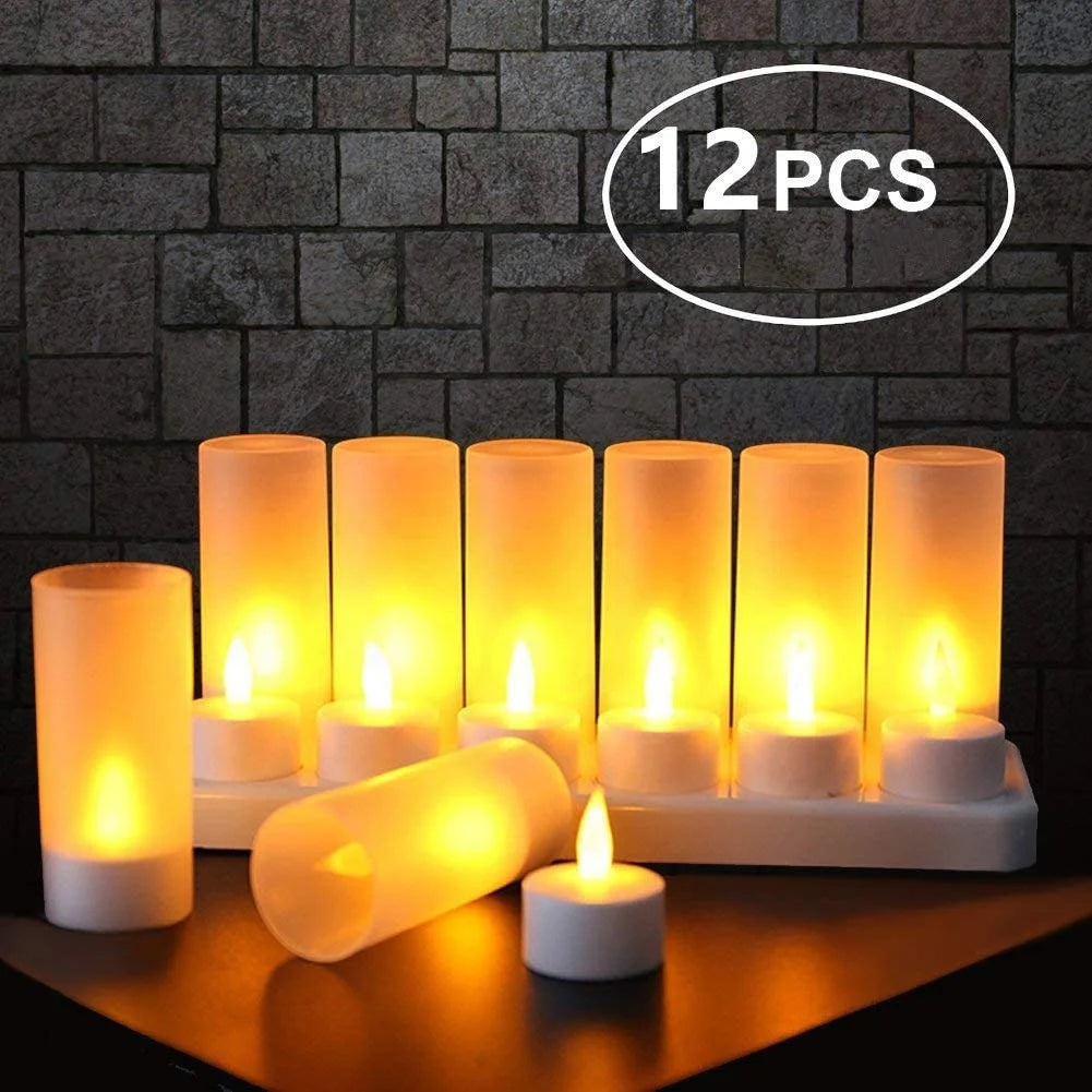A Set of 12 LED Rechargeable Tea Light Tealight Flameless Candle Light with Holders Charging Station Realistic Dancing Flame