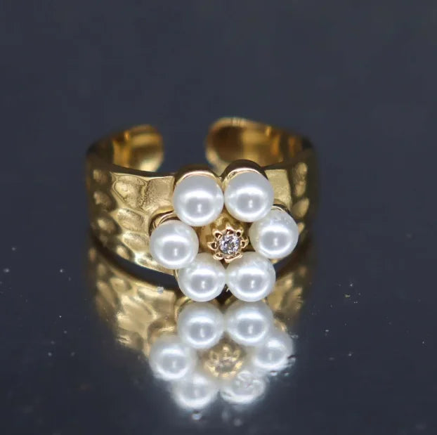 Adjustable Stainless Steel 18K Pvd Gold Plated Ring Waterproof Hypoallergenic Pearl Fashionable Trendy Women's Wedding Gift
