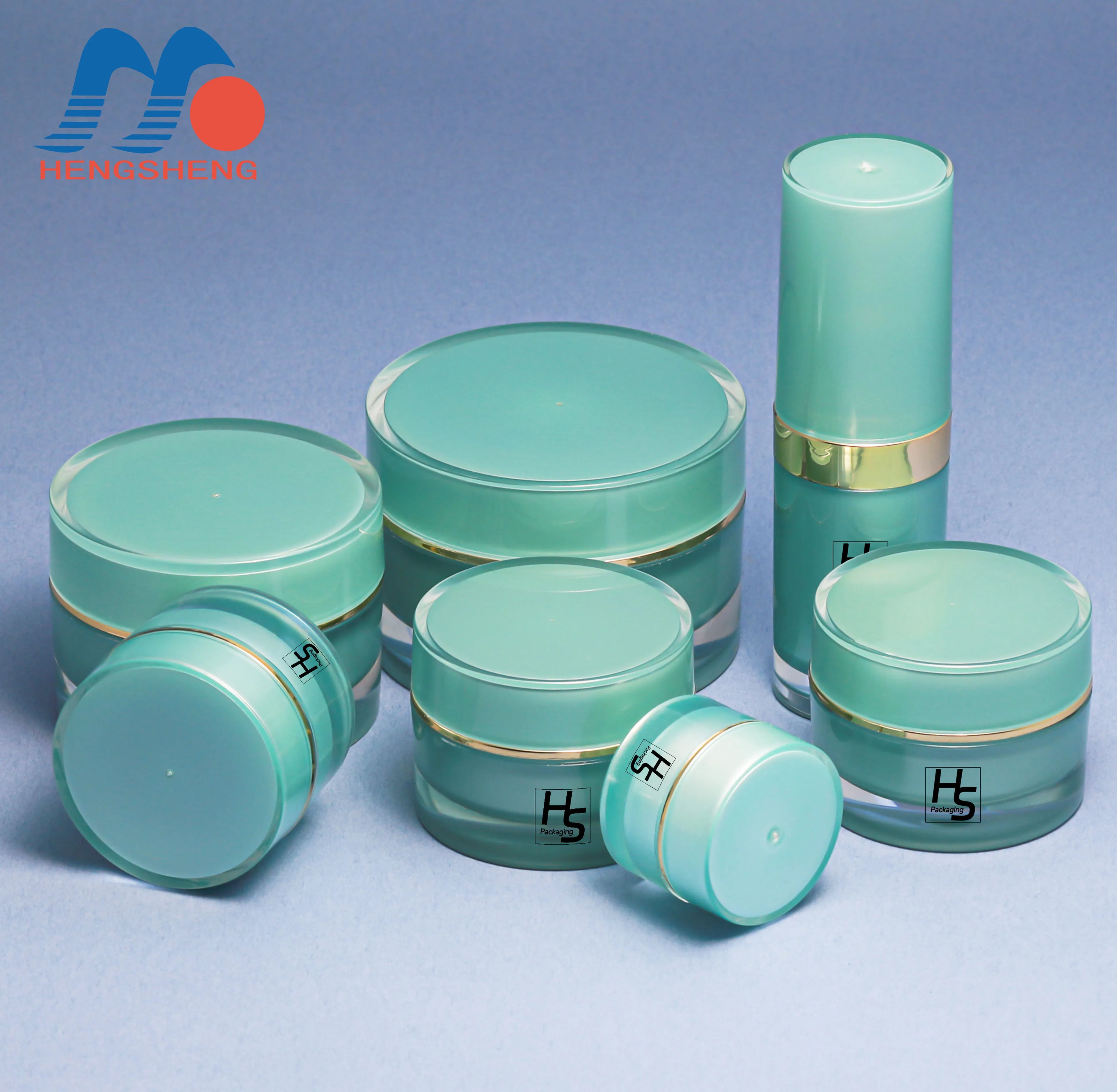 Ready to Ship 20g 30g 50g 20ml Blue Gold Rim Straight Round Cosmetic Cream Jar Essence Lotion Pump Bottle Set