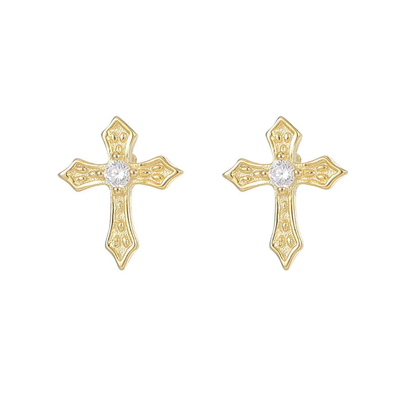 Fashion Minimalist Jewelry 925 Sterling Silver Small Cross Zircon Earring Gold Plated Stud Earrings for Women