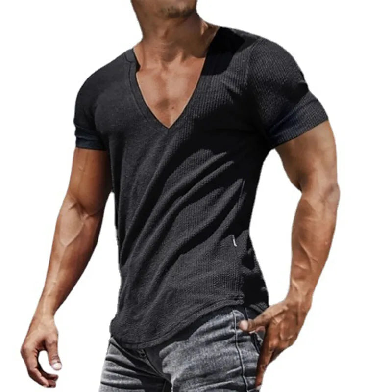 RNSHANGER Summer V-Neck Men's T Shirts Solid Color Breathable Sweat Absorption Quick Dry Summer Men T-Shirt Pullover Top for Men