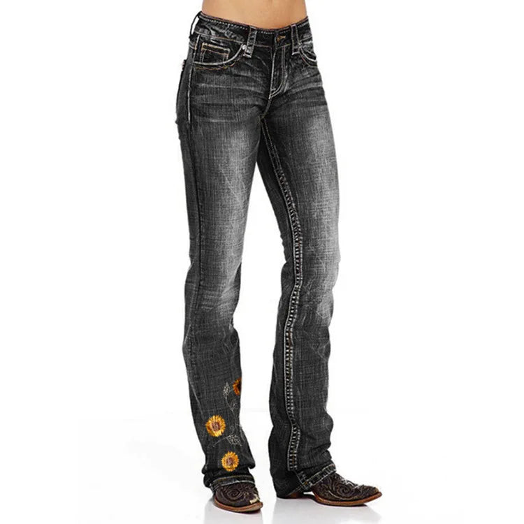 2024 Vintage Western Sunflower Embroider Women Denim Pantalon Pants Bootcut Jeans Femme