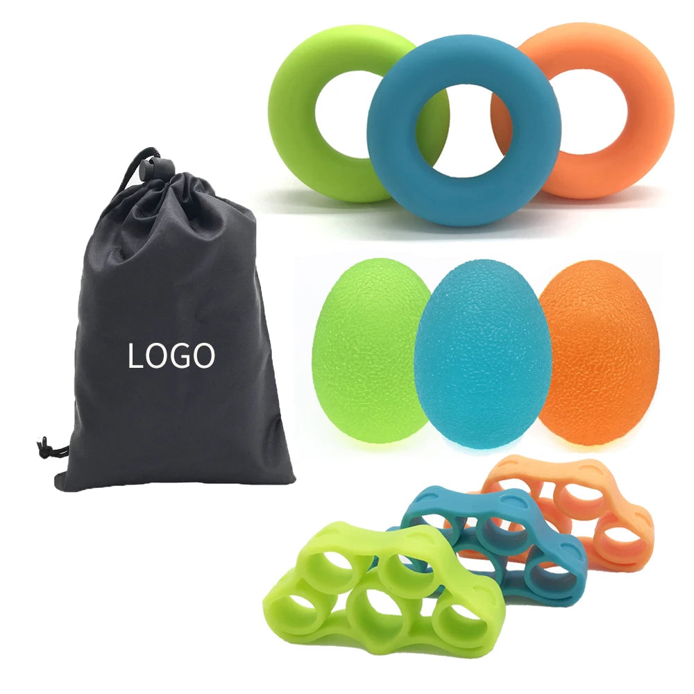 Custom Silicone TPE Hand Grip Strengthener Workout Kit 9 Pack Finger Stretcher Stress Relief Grip Ball-Light/Medium/Heavy