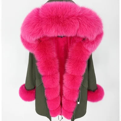 Drop Shipping Maomaokong Breathable Hooded Winter Coat Lining Parka Faux Fur Lined Outwear Real Fox Fur Collar Long Women Girls