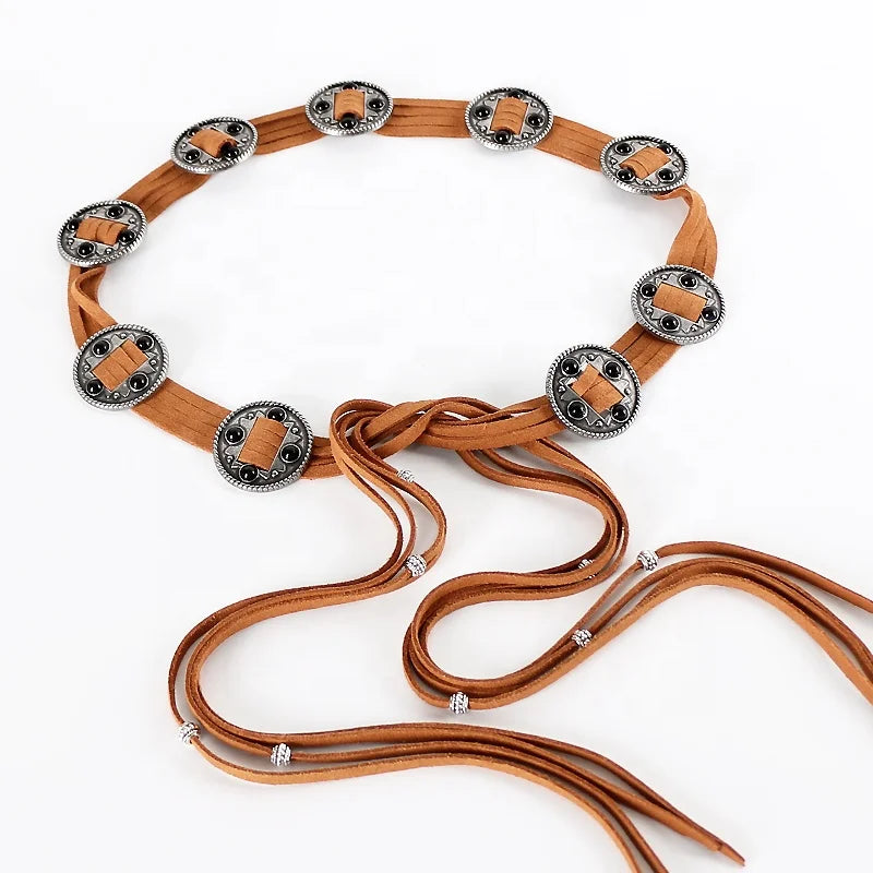 Vintage Bohemian Ethnic Style Woven Leather Belt with Alloy Buckle Ladies Decorative Tassel Waist Chain Accessory