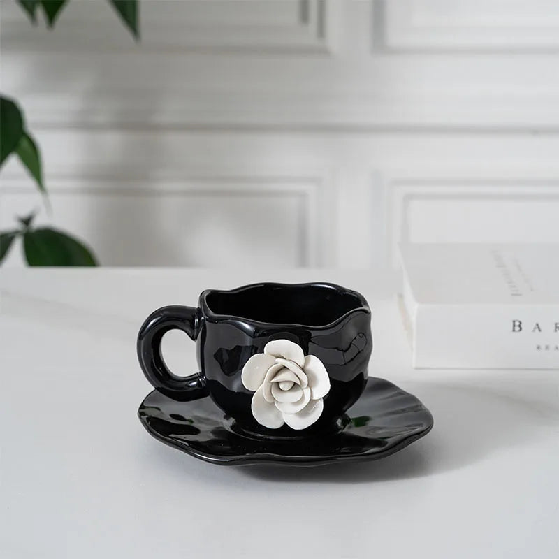 Creative 300ml Exquisite White Flowers Handmade Ceramic Cup Hand-painted Pottery Mugs With Saucer Set for Gifts
