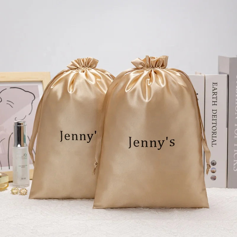 Wholesale Custom Size Satin Dust Bag with Ribbon Big Drawstring Hair Extension Textile Packaging