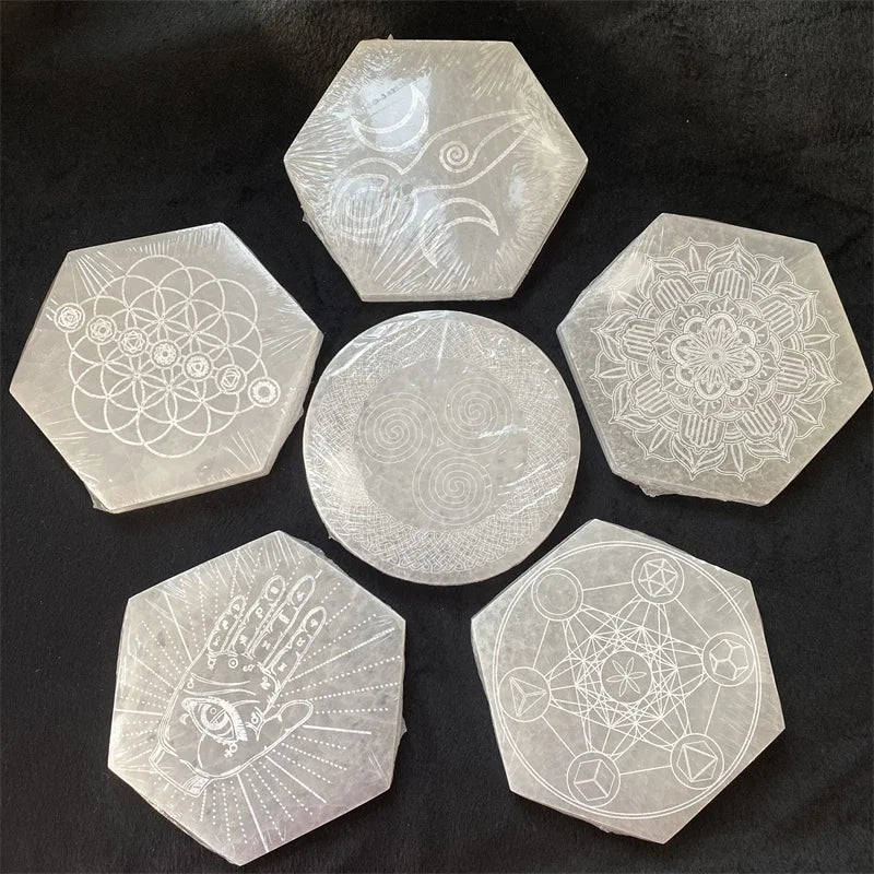 Wholesale Natural Crystals Carved Reiki Evil Eye Tree of Life Selenite Grid Plate for Healing Cup Mat