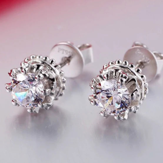 Huitan Beautiful Cubic Flower Round Zircon Stud Earring Girls Chic Dainty Silver Stud Earrings Women