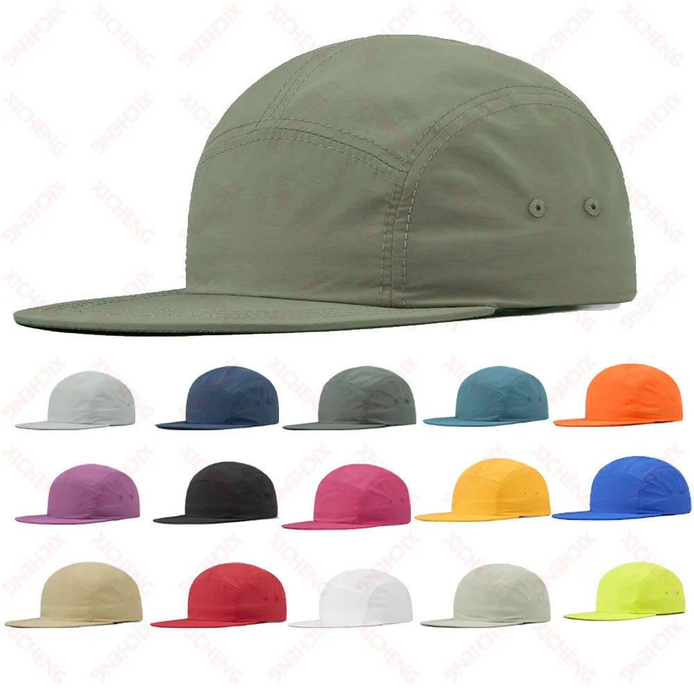 New Arrival Camping Baseball Caps Custom Embroidery Logo Nylon Flat Bill Running Quick Dry 5 Panel Sports Dad Hats
