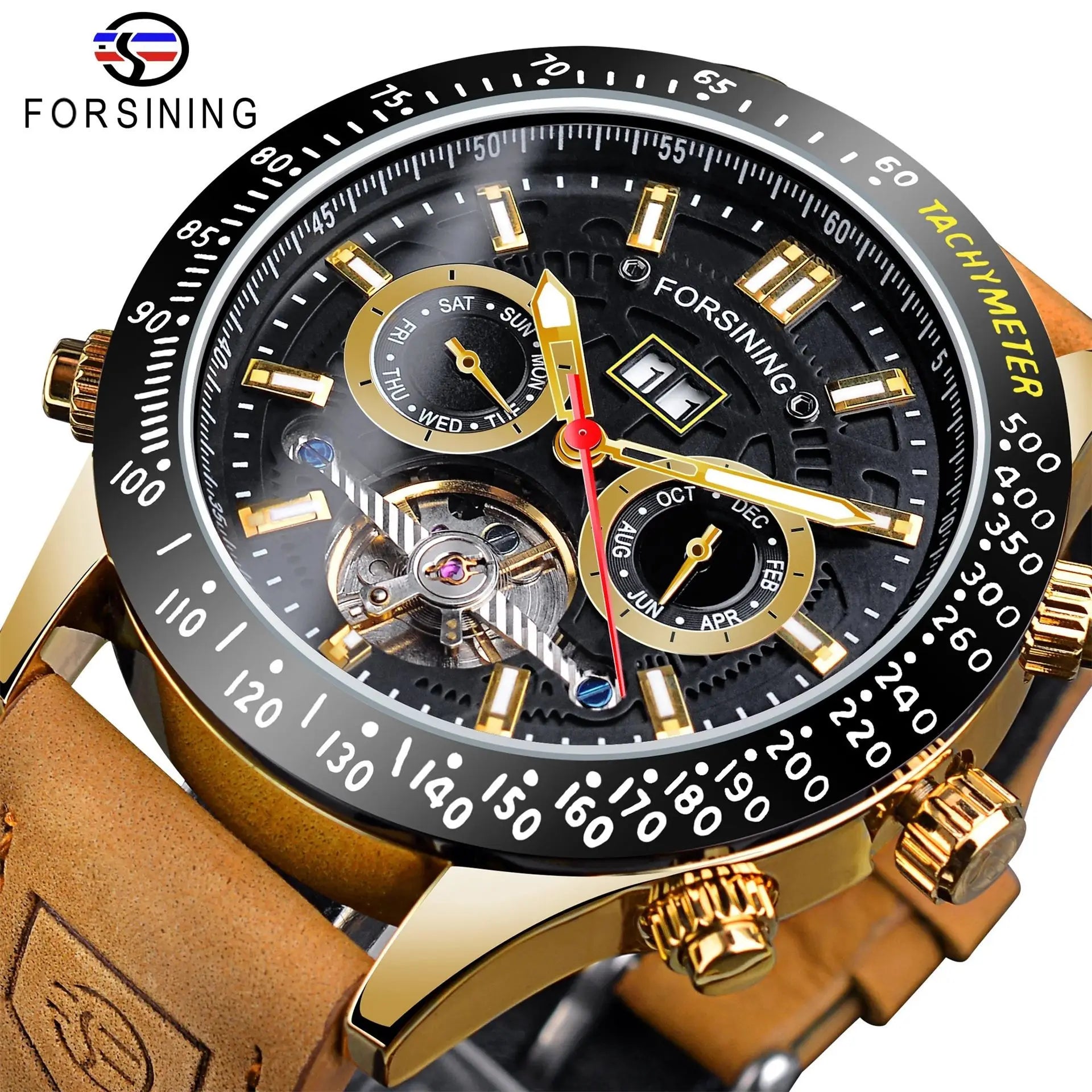 2025 New Forsining Chronograph Automatic Men Gift Watch Hollow Mechanical Wristwatch Genuine Leather Mens Tourbillon Watches