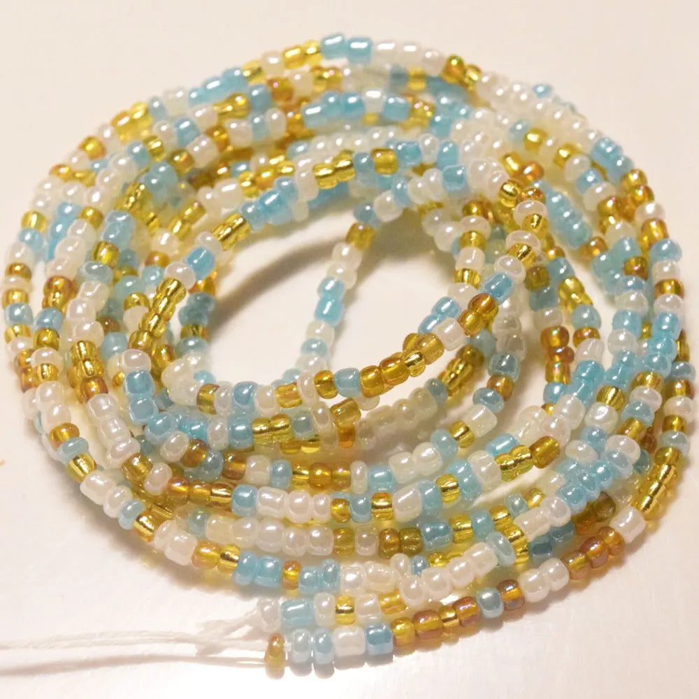 White Gold Blue Mix Fashion African Mix Glass Seed Beads Tie on Waist Beads Belly Body Chain Double Cotton String for Ladies