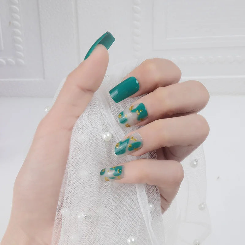 Temooi Wholesale 24Pcs ABS Finger Nails Marbling Fashion Short Square False Nails Press on With Nail Glue