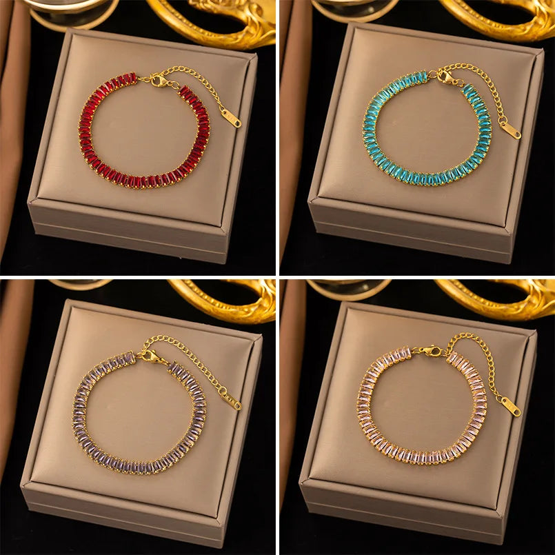 Luxury Multi-Color Cubic Zirconia Tennis Bracelet Stainless Steel with Gold Plating for Gift