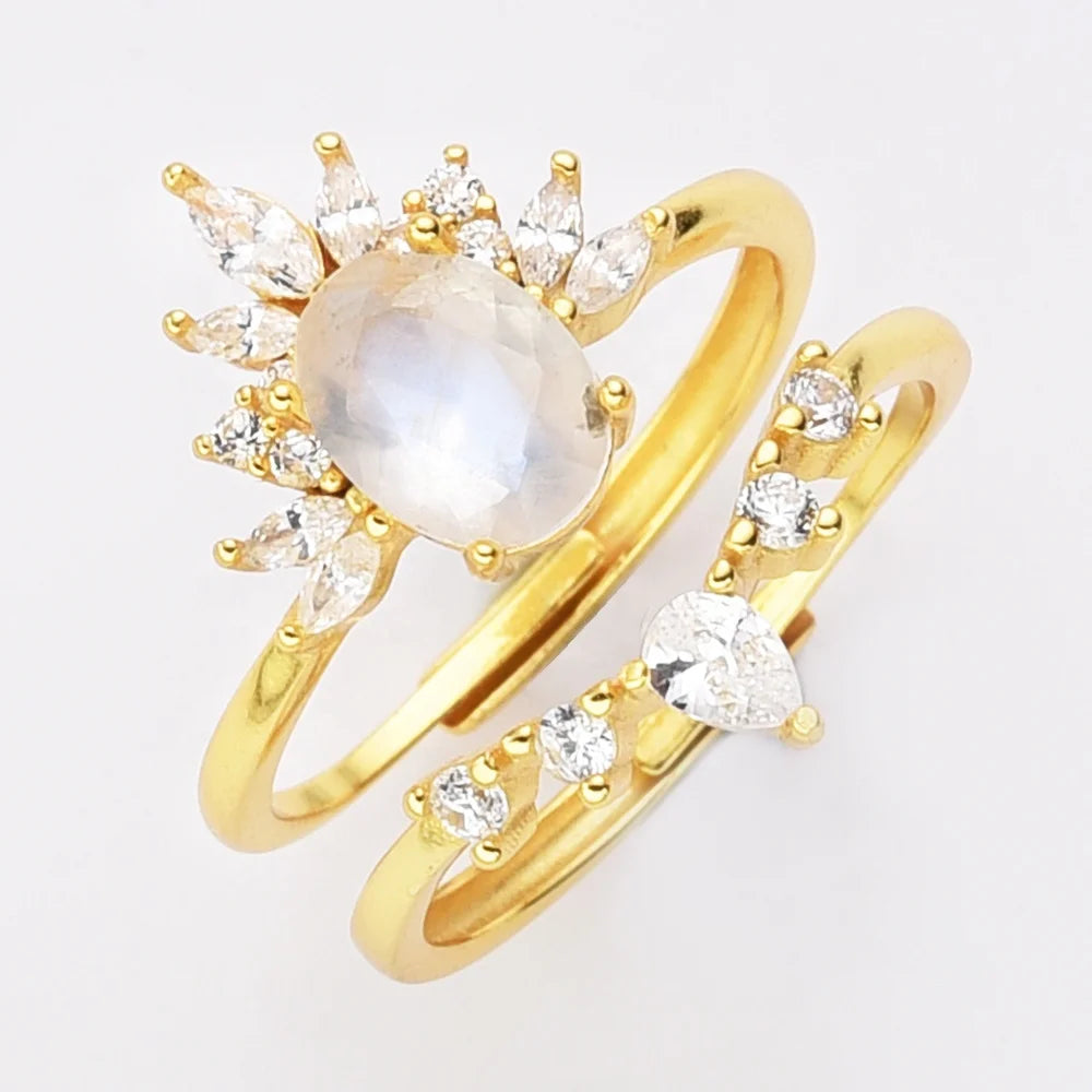 S925 Silver Vermeil Stacking Engagement Ring Set Natural Moonstone Fine Jewelry Wedding Rings for Women