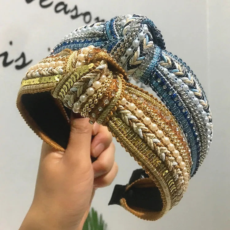 HOVANCI 2020 Korean Designer Headbands New Pearl Sequin Simple Headband Wind Knot Hair Accessories Fashion Wide Headband