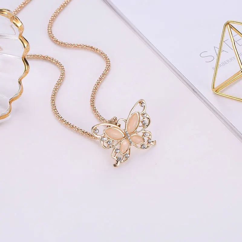 Korean Creative Crystal Opal Hollow Big Butterfly Pendant Necklace 67cm Long Sweater Chain Jewelry for Women Gifts
